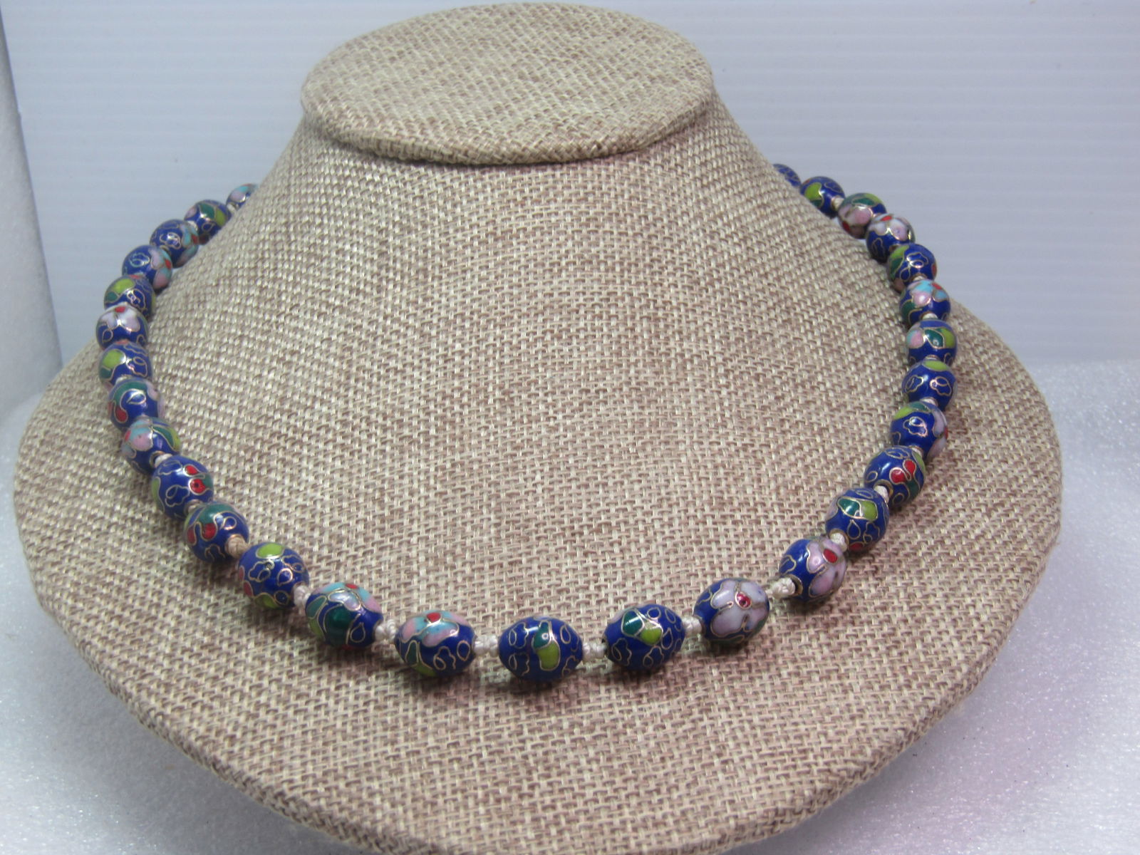 Vintage Blue Cloisonne Beaded Necklace, Floral, 20" , Knotted, 1970's-1980's - 4