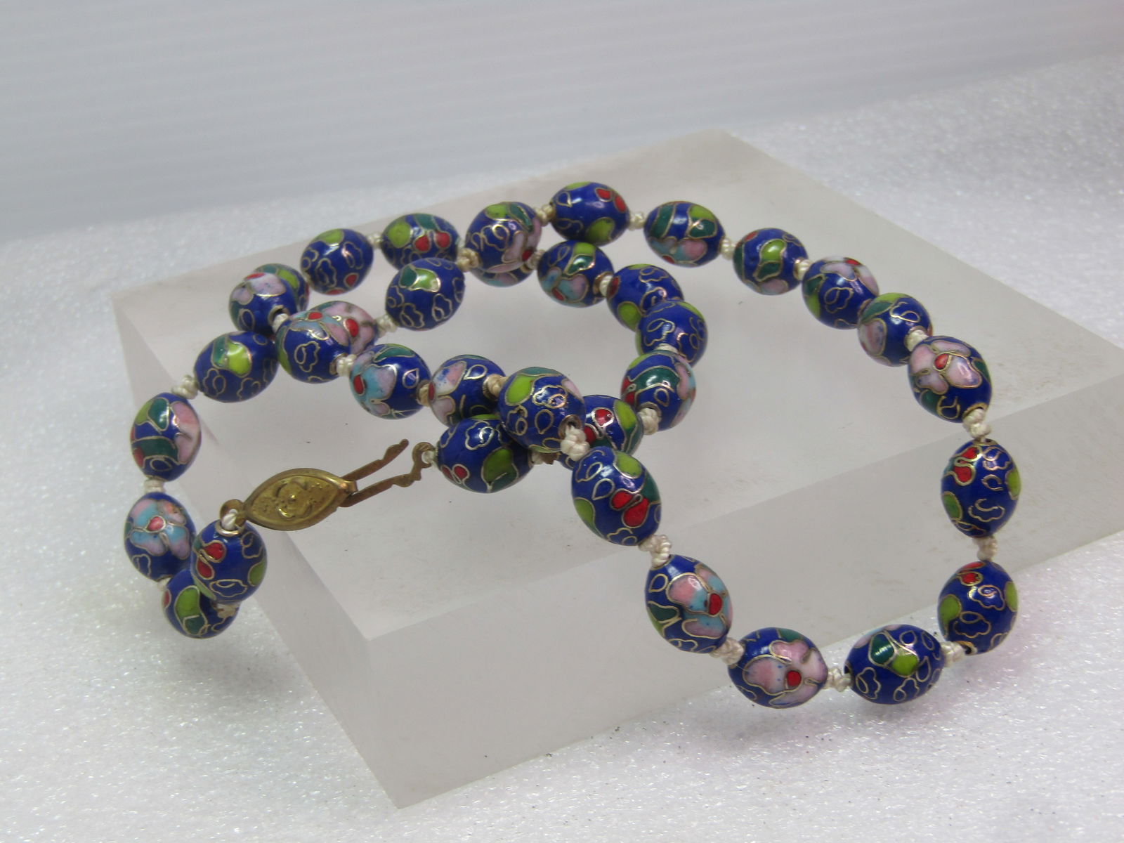 Vintage Blue Cloisonne Beaded Necklace, Floral, 20" , Knotted, 1970's-1980's - 6