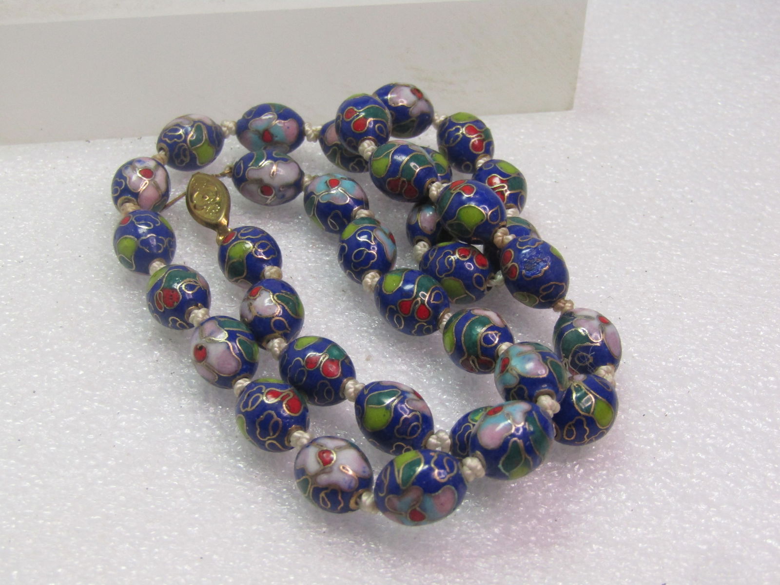Vintage Blue Cloisonne Beaded Necklace, Floral, 20" , Knotted, 1970's-1980's - 7