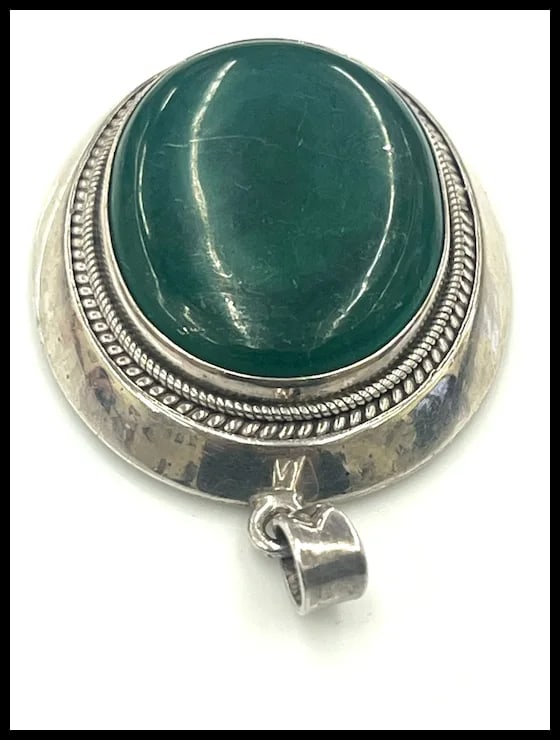 Vintage Oversized Sterling Silver Malachite Pendant - 4