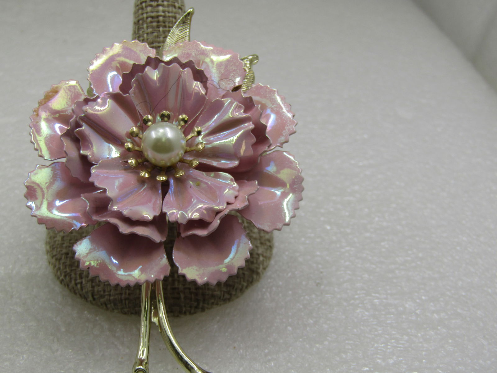Vintage Iridescent Pink Enameled Carnation Floral Brooch, Faux Pearl, 1960's - 2