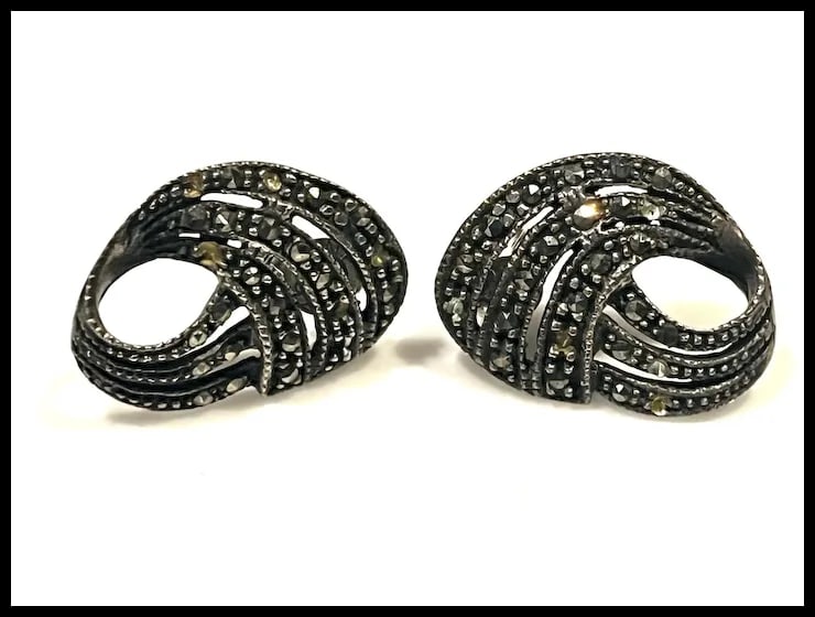 Vintage Solid Sterling Silver Swirling Marcasite Earrings - 2