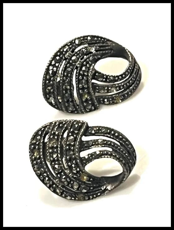 Vintage Solid Sterling Silver Swirling Marcasite Earrings - 3