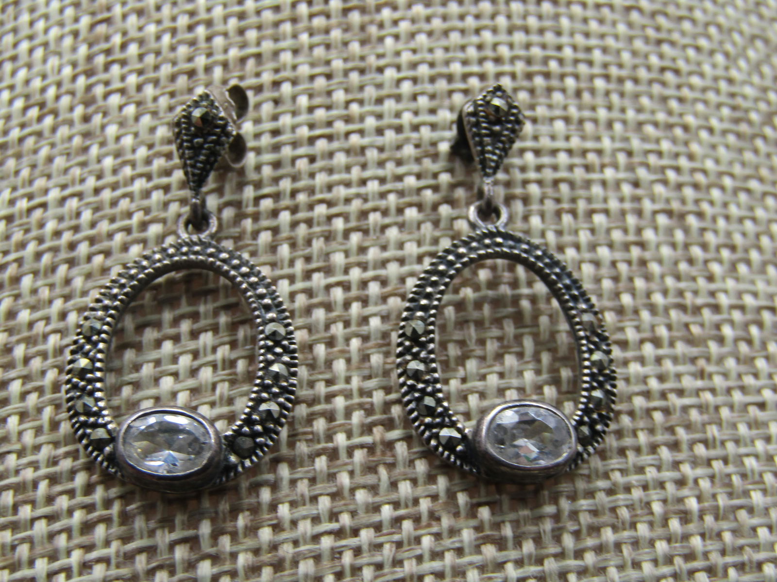 Vintage Sterling Marcasite Drop Hoop Earrings, Signed CW - 2