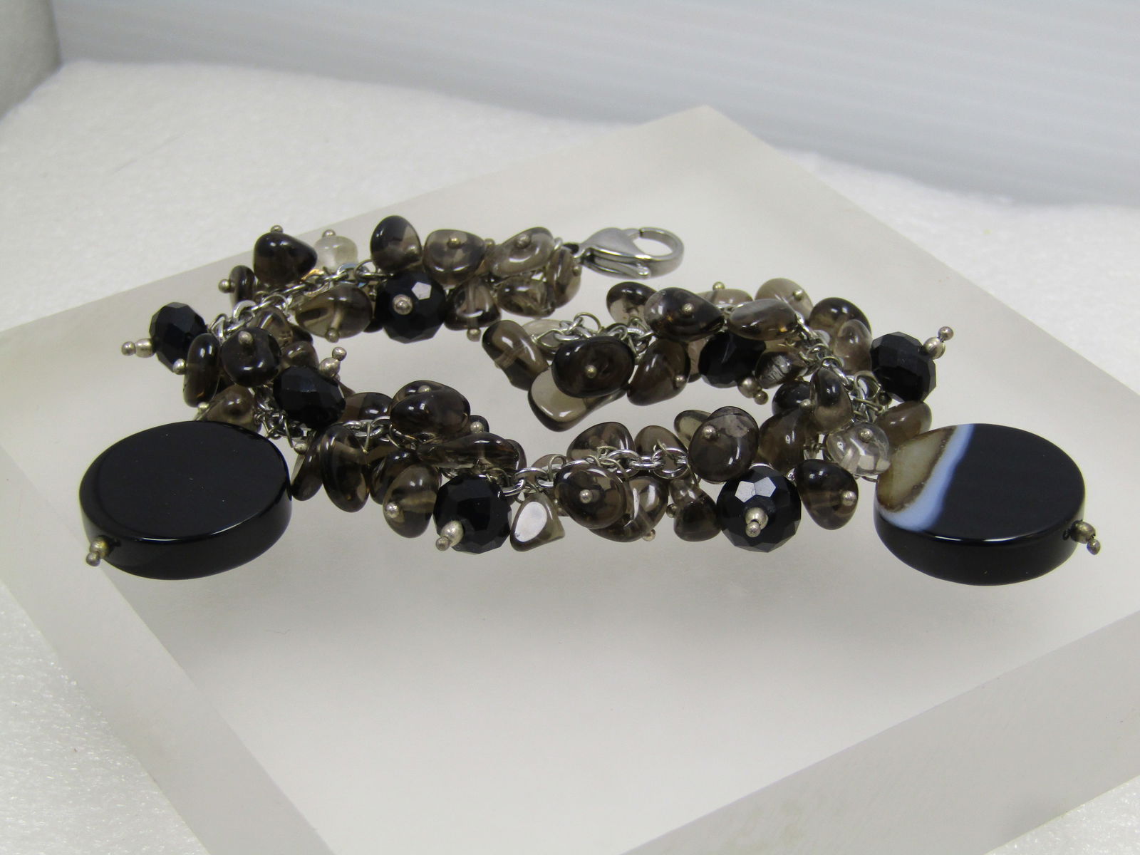 Vintage Brown/Black/Clear Quartz Bracelet, Dangle Beads, 7", 1990's - 3