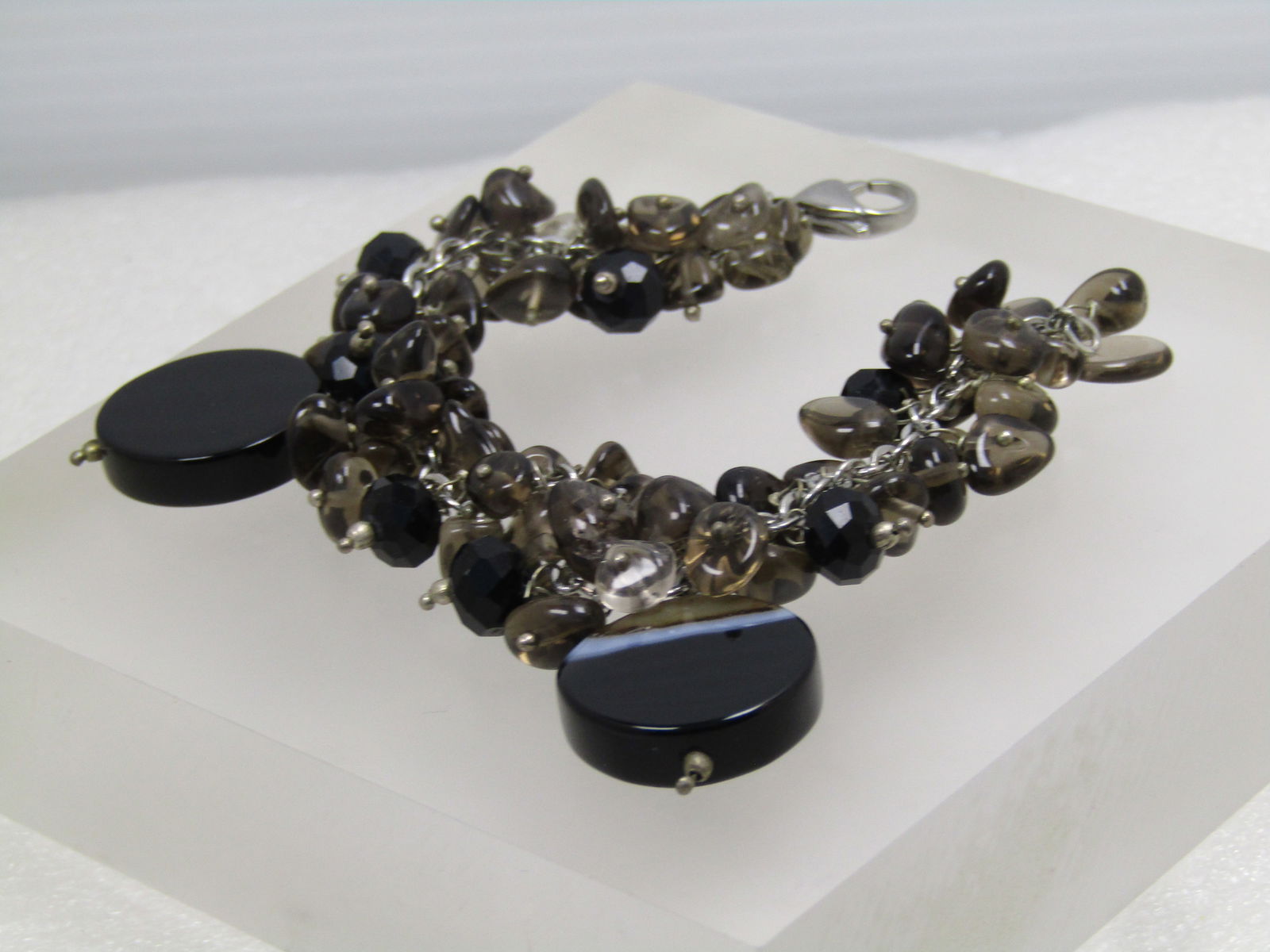 Vintage Brown/Black/Clear Quartz Bracelet, Dangle Beads, 7", 1990's - 4