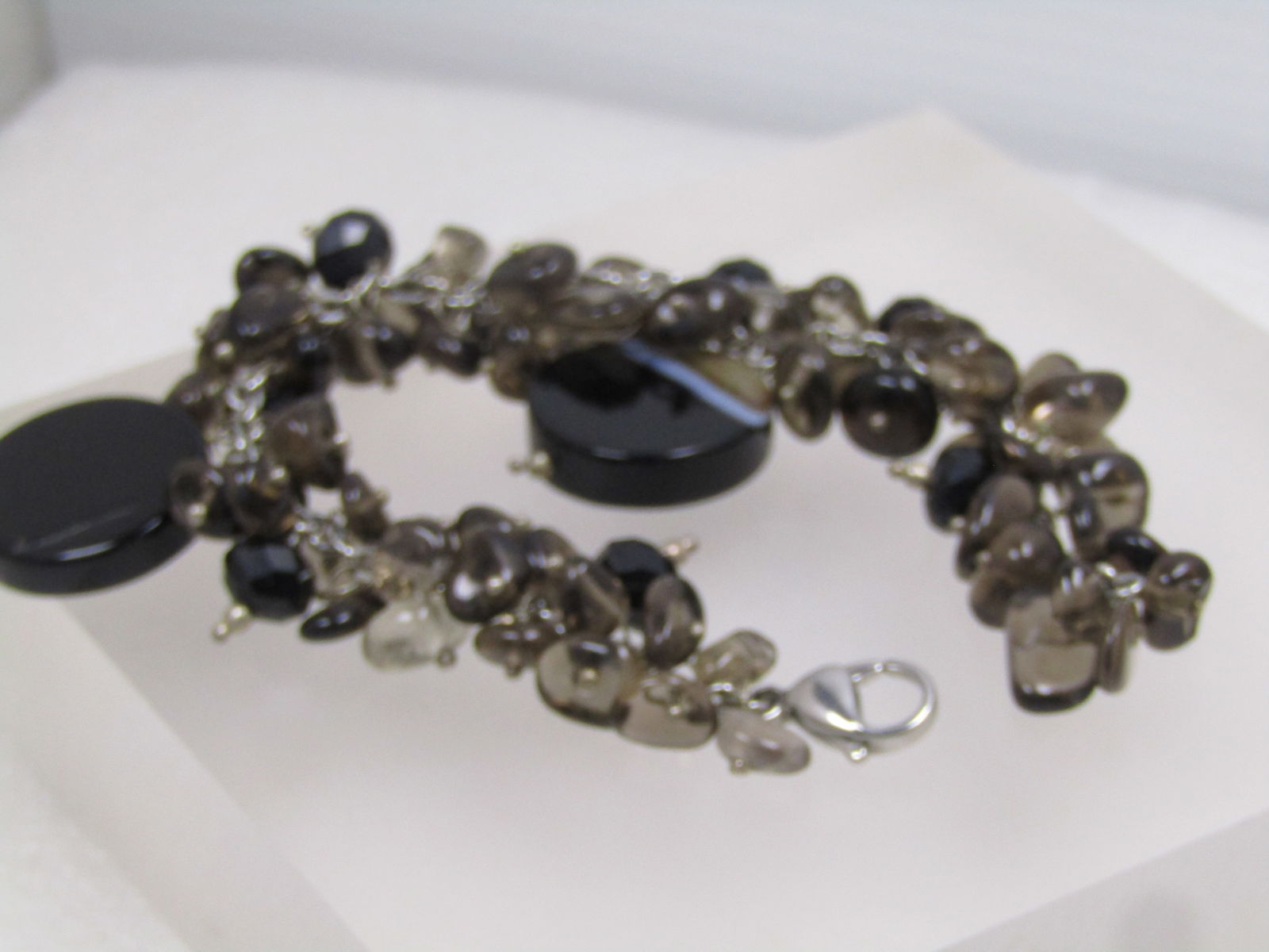 Vintage Brown/Black/Clear Quartz Bracelet, Dangle Beads, 7", 1990's - 5