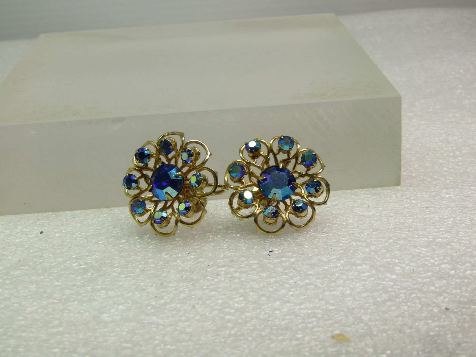 Vintage Peacock AB Rhinestone Brooch & earrings Set, 1940's-1960's, Screwback - 4