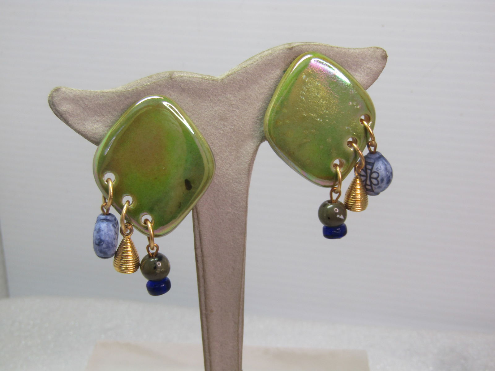 Vintage DonCaster Ceramic Dangling Earrings, Clip, on Card., 1990's - 2