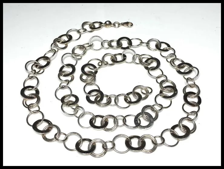 Vintage Sterling Silver Circle Link Extra Long Necklace - 2