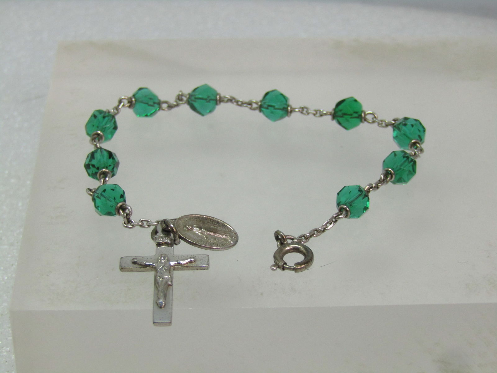 Vintage Sterling Decade Rosary Bracelet, Green Beads, 7.5" Signed DiRoma, 1970's - 2