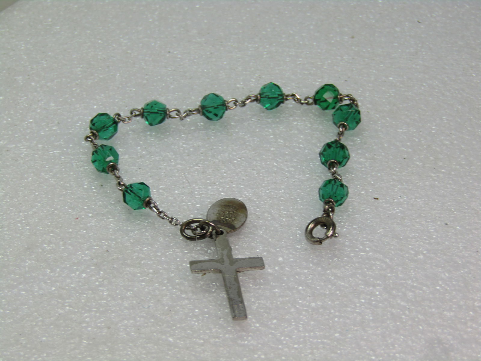 Vintage Sterling Decade Rosary Bracelet, Green Beads, 7.5" Signed DiRoma, 1970's - 4