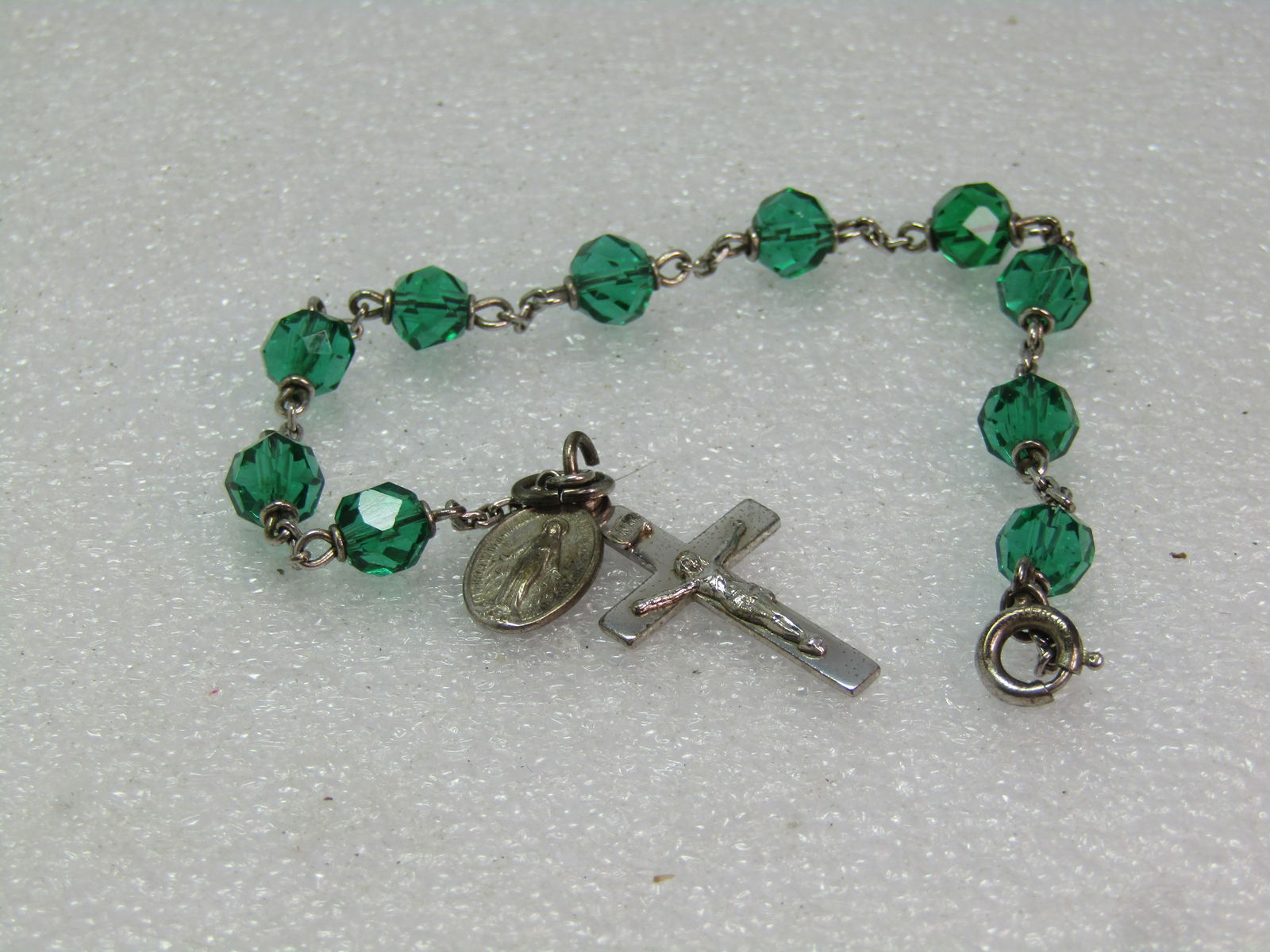 Vintage Sterling Decade Rosary Bracelet, Green Beads, 7.5" Signed DiRoma, 1970's - 5