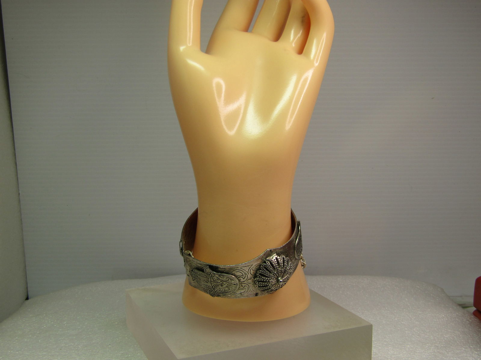 Vintage Hinged Hand of Fatima Bangle Bracelet, Pin Clasp, Middle East, 1950's-1960's, 7" - 7