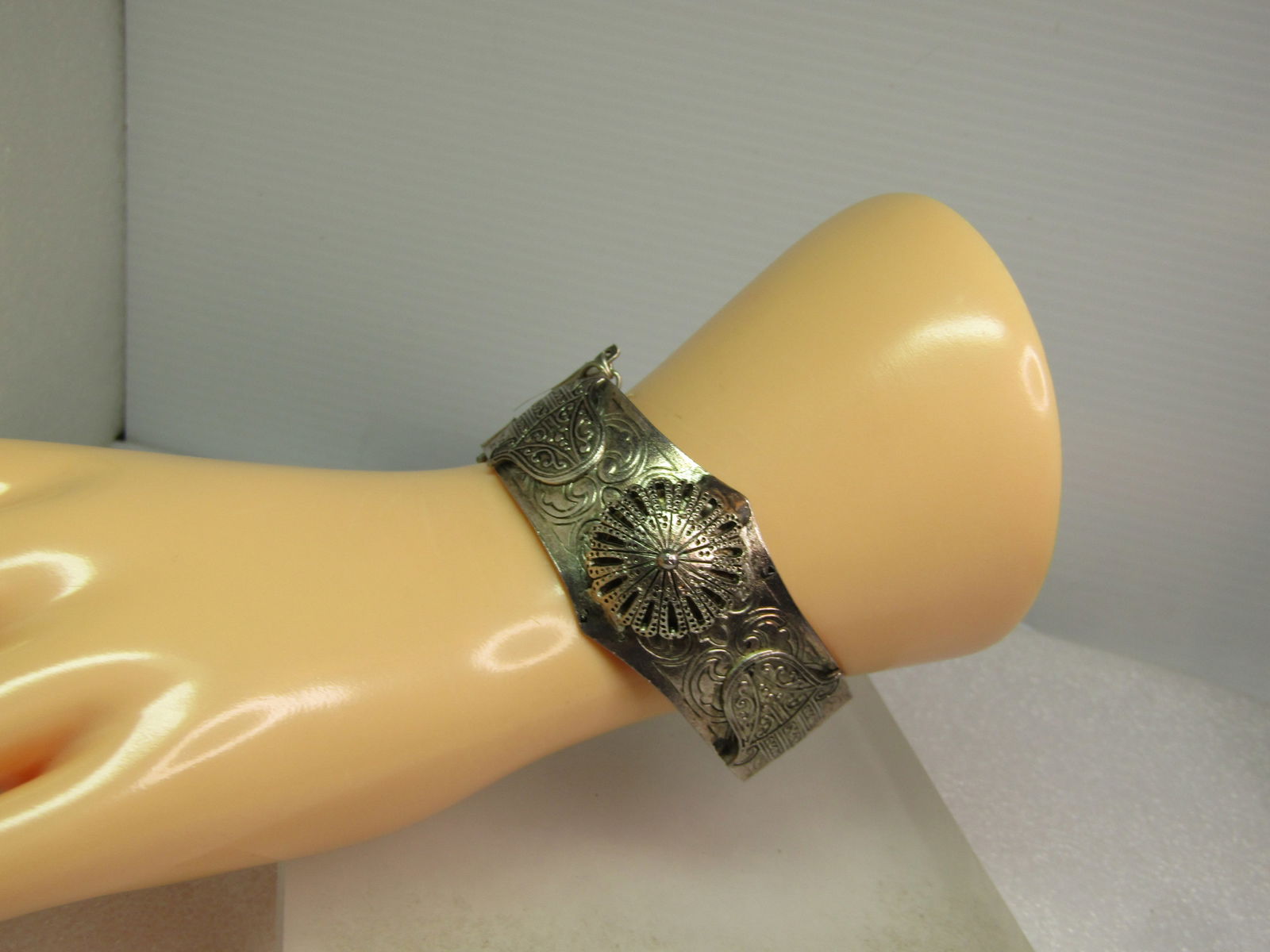 Vintage Hinged Hand of Fatima Bangle Bracelet, Pin Clasp, Middle East, 1950's-1960's, 7" - 8