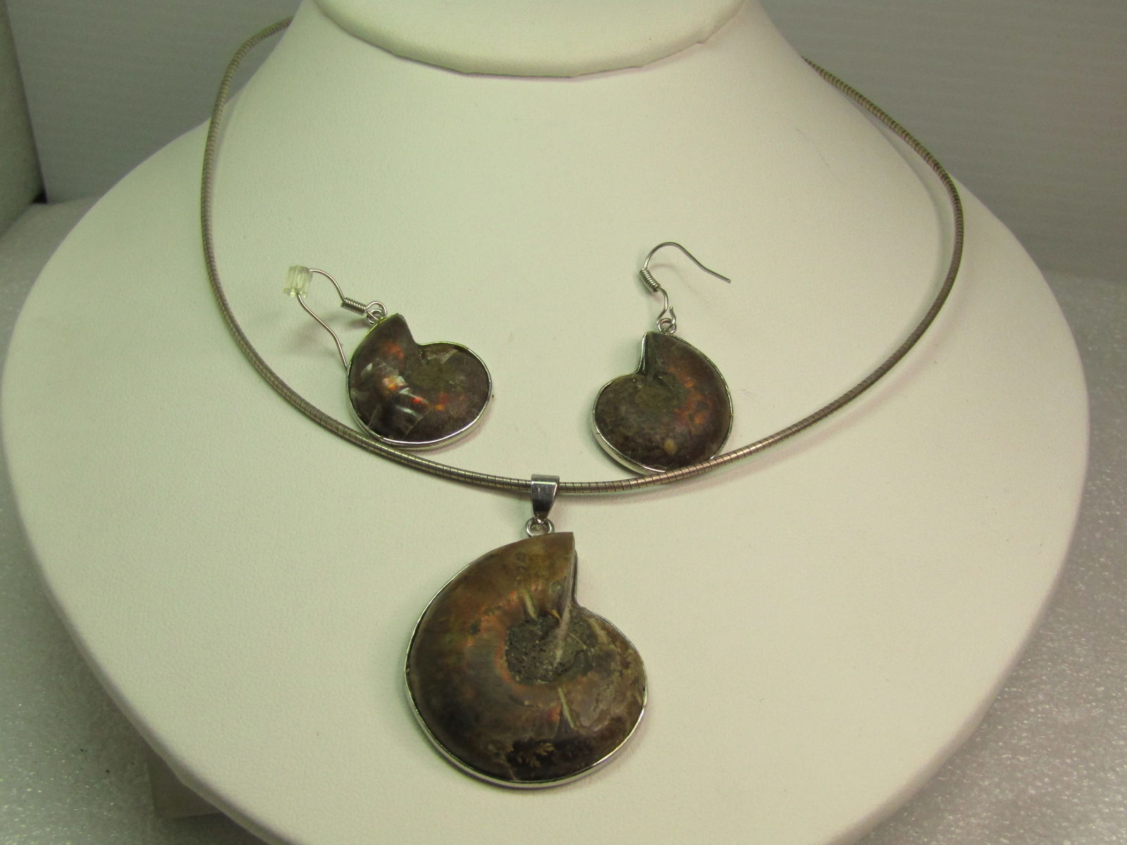 Vintage Ammonite Pendant on Sterling Omega Necklace, Pierced Earrings, 1980's - 2