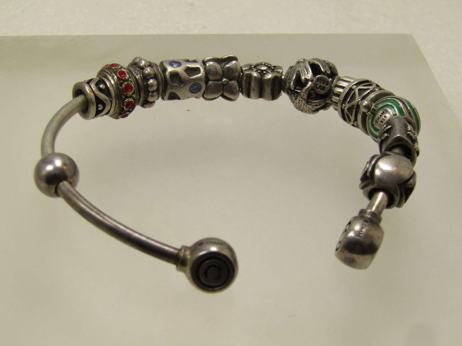 Vintage Sterling Cham Signed Slide Cuff Bracelet, Pandora, Cham, LLA Charms, 7", 1990's - 5