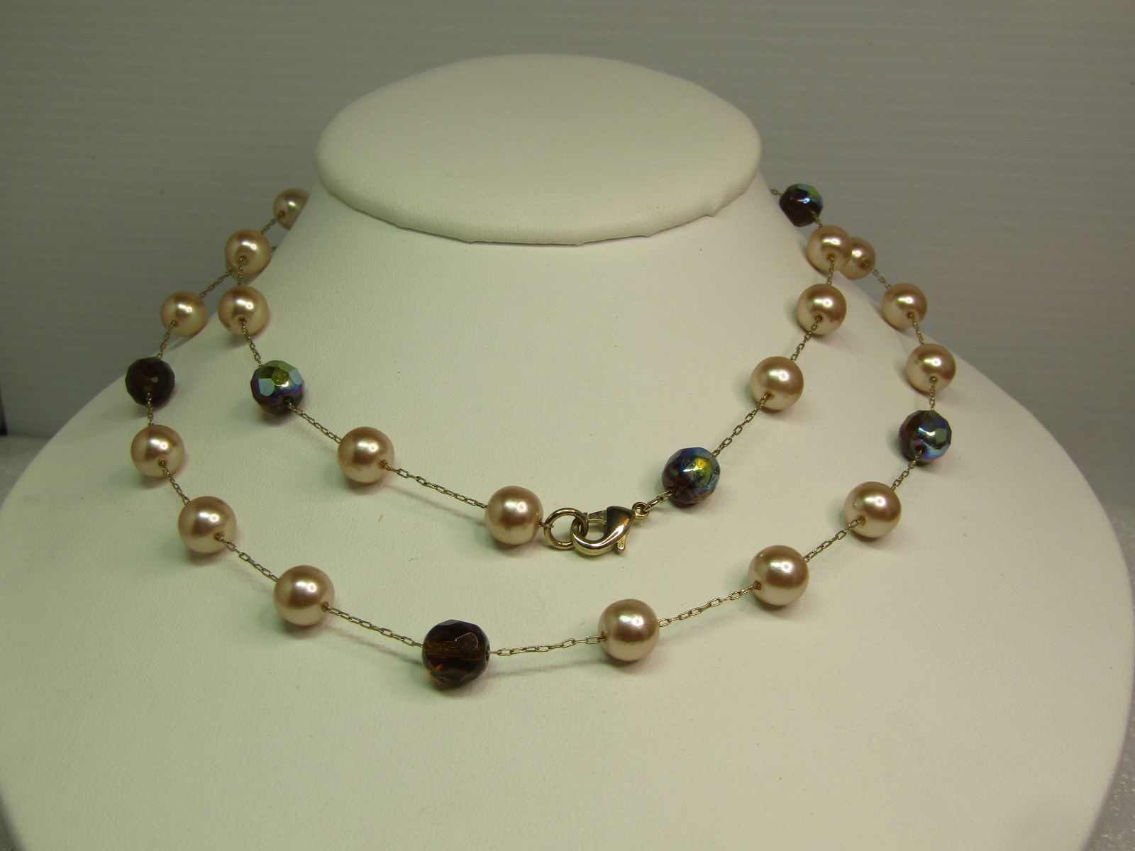 Vintage Blush Pearl & AB Crystal Necklace, 30", 1980's-1990's: Vintage Blush Pearl & AB Crystal Necklace, 30", 1980's-1990's, The faux pearls are a blush to beige pink color and are appx. 7.5mm each and set solidly with an appx. .08mm chain through the faux pearl