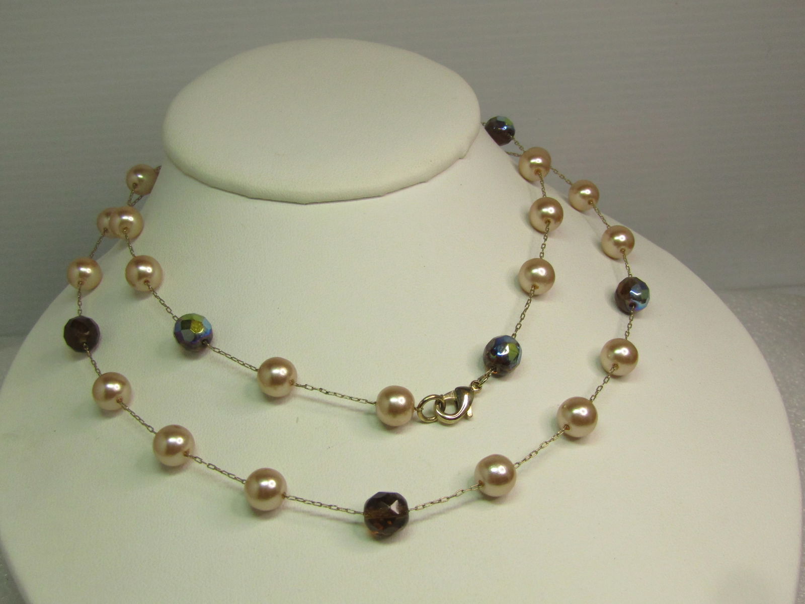 Vintage Blush Pearl & AB Crystal Necklace, 30", 1980's-1990's - 2