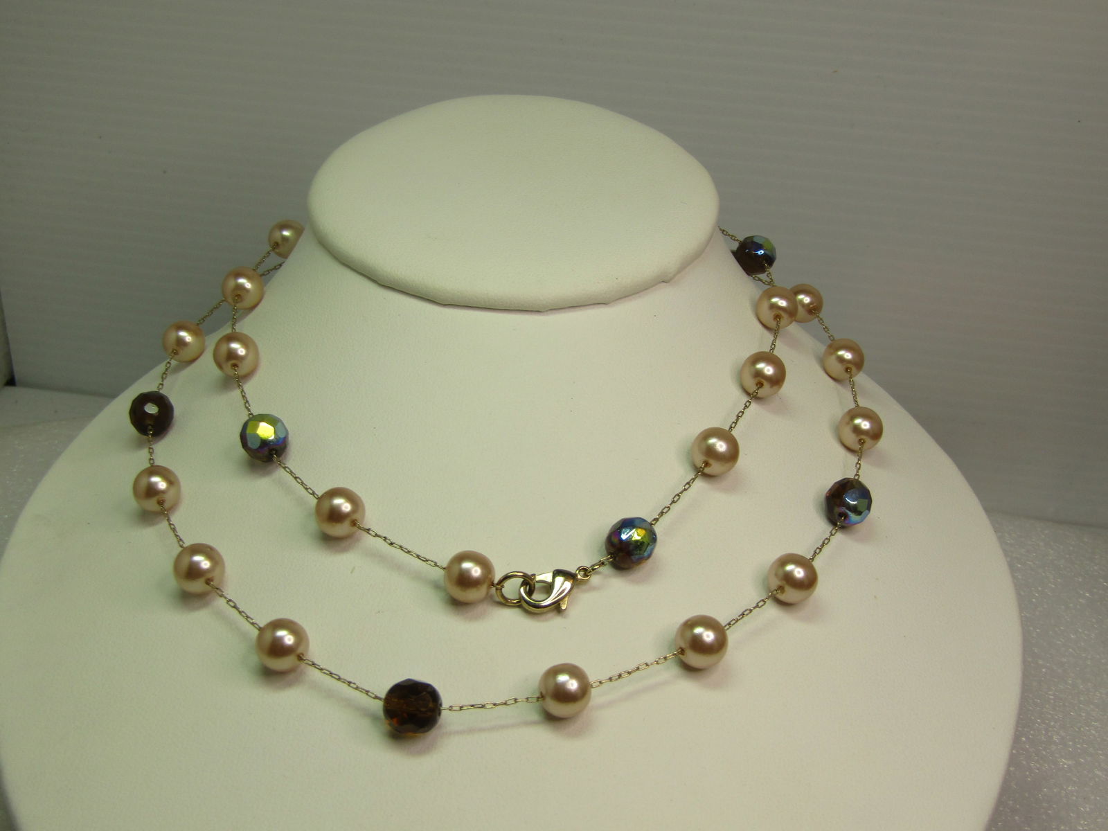 Vintage Blush Pearl & AB Crystal Necklace, 30", 1980's-1990's - 3