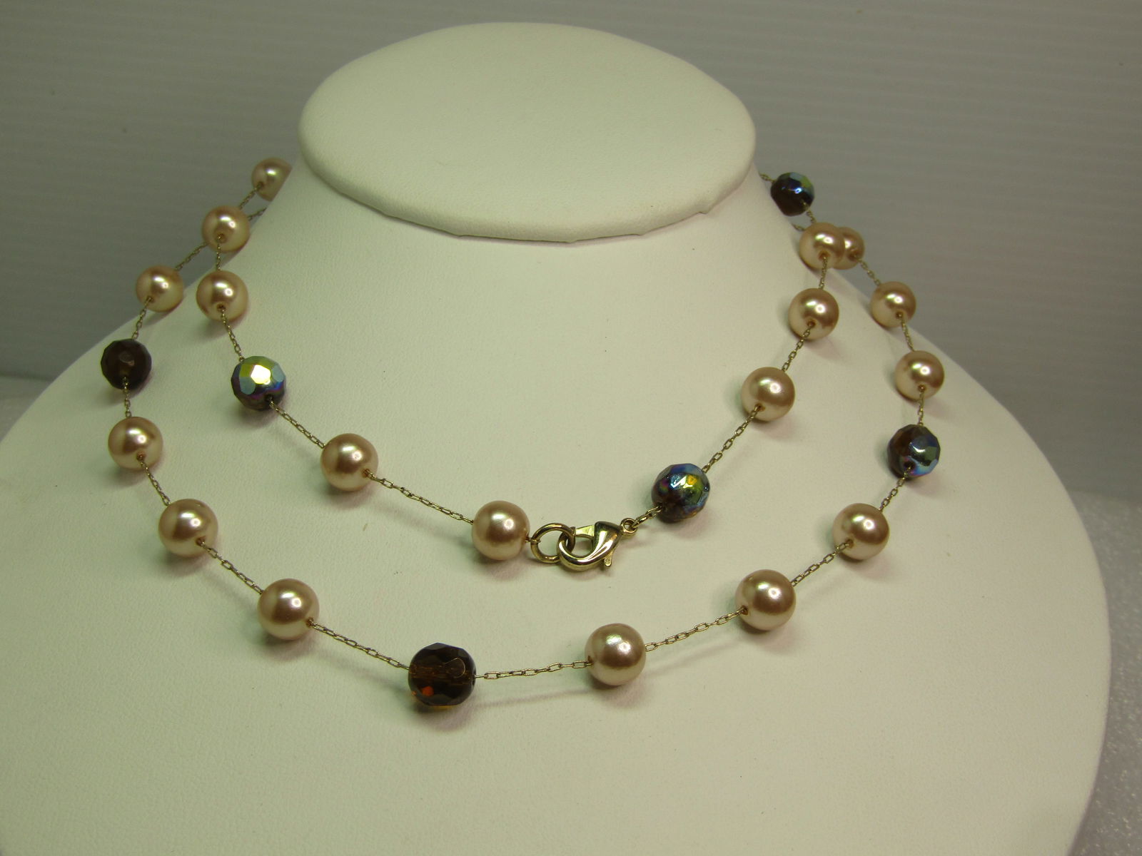 Vintage Blush Pearl & AB Crystal Necklace, 30", 1980's-1990's - 4