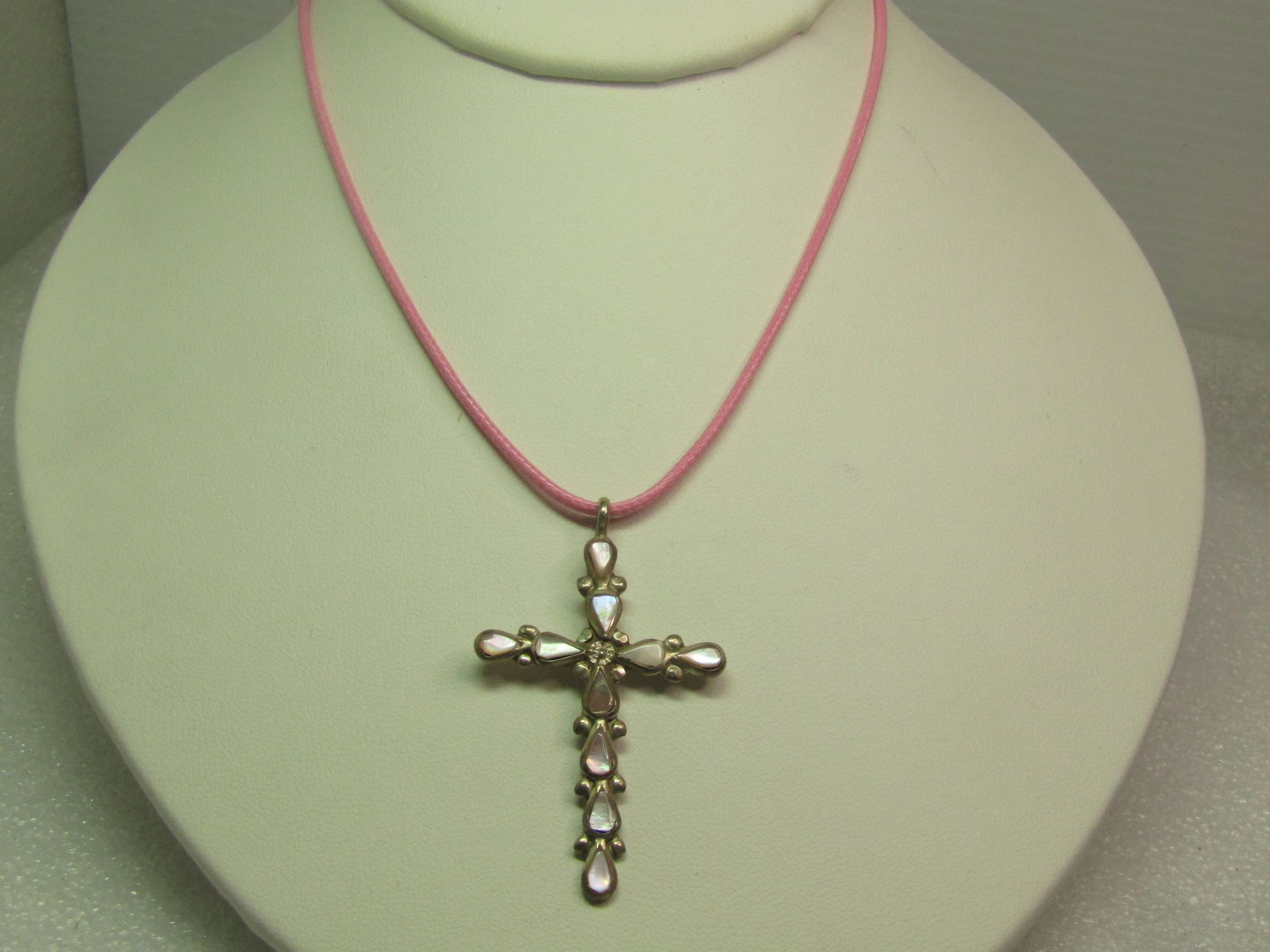 Vintage Sterling Pink MOP Cross Pendant, Pink Cord Necklace, 18"-20", 1980's-1990's, Southwestern - 2