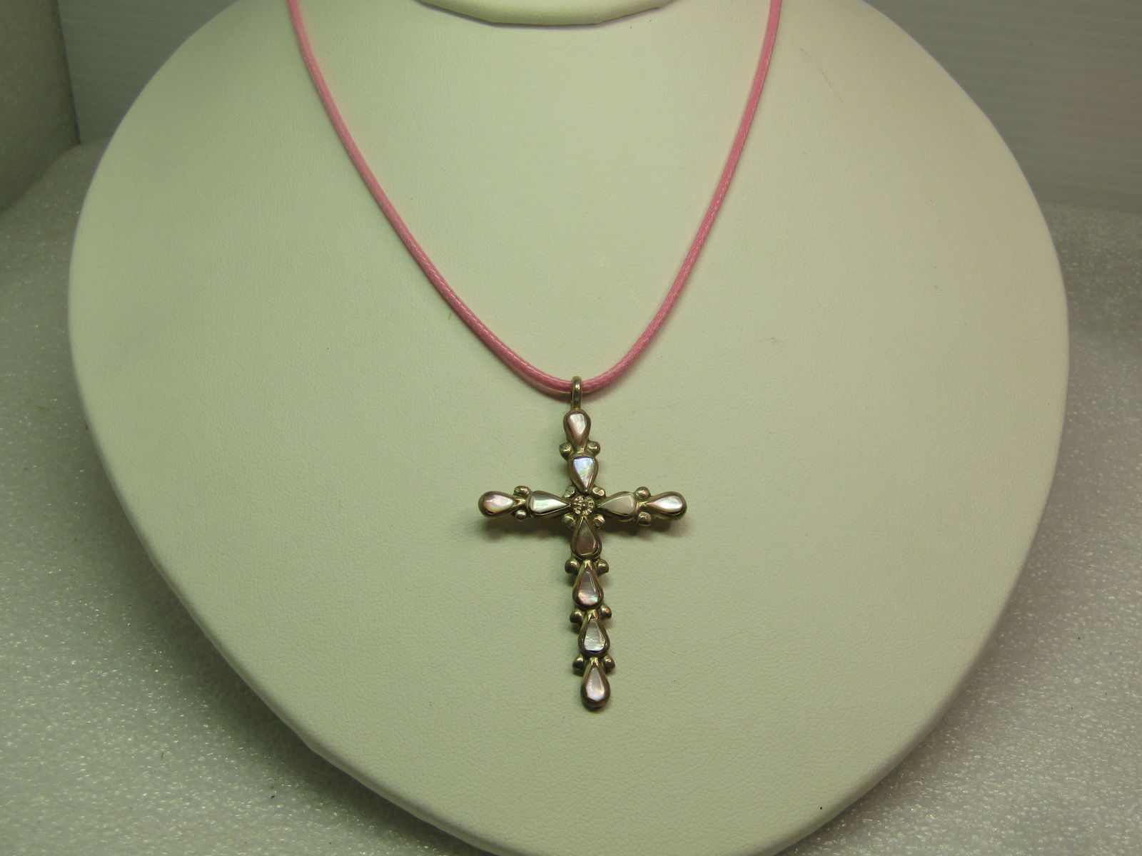 Vintage Sterling Pink MOP Cross Pendant, Pink Cord Necklace, 18"-20", 1980's-1990's, Southwestern - 3