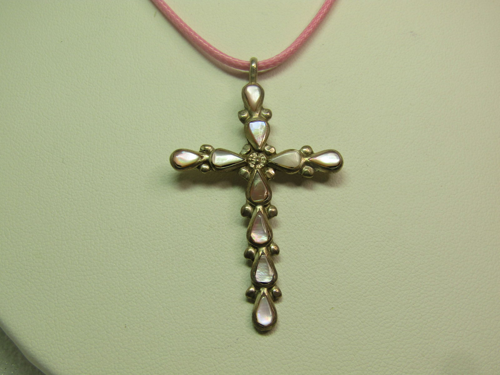 Vintage Sterling Pink MOP Cross Pendant, Pink Cord Necklace, 18"-20", 1980's-1990's, Southwestern - 4