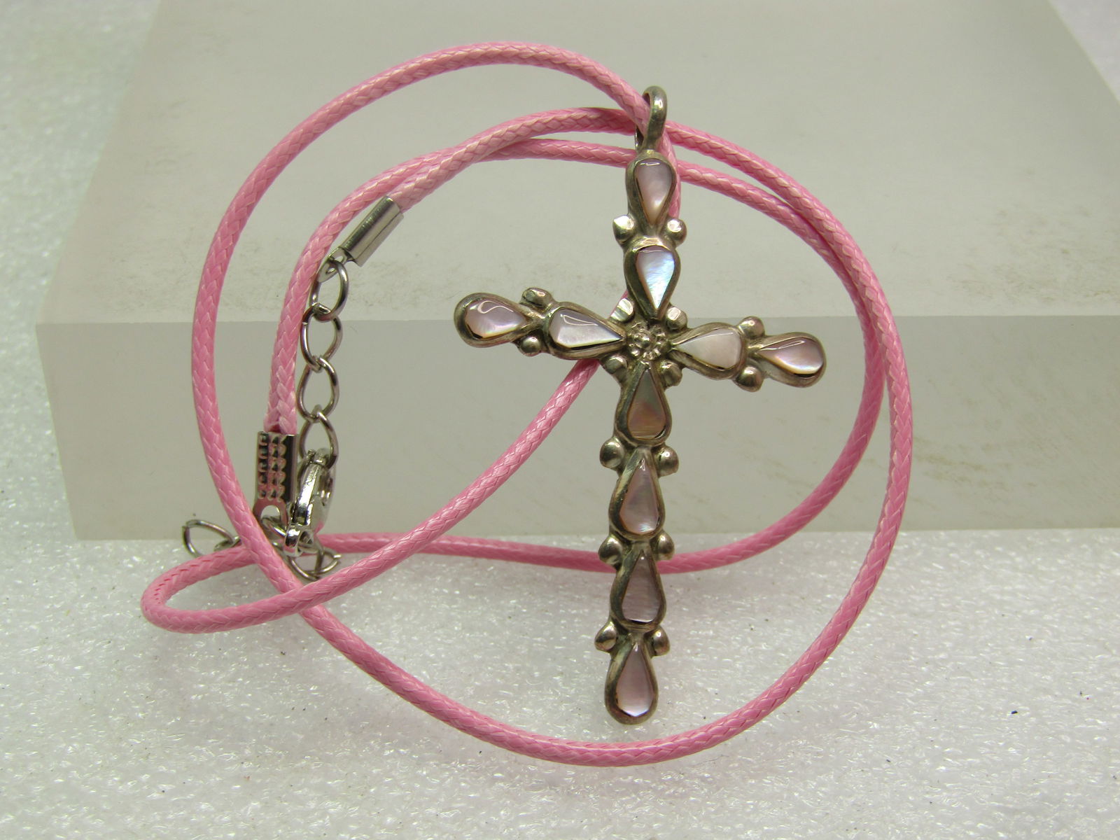 Vintage Sterling Pink MOP Cross Pendant, Pink Cord Necklace, 18"-20", 1980's-1990's, Southwestern - 6