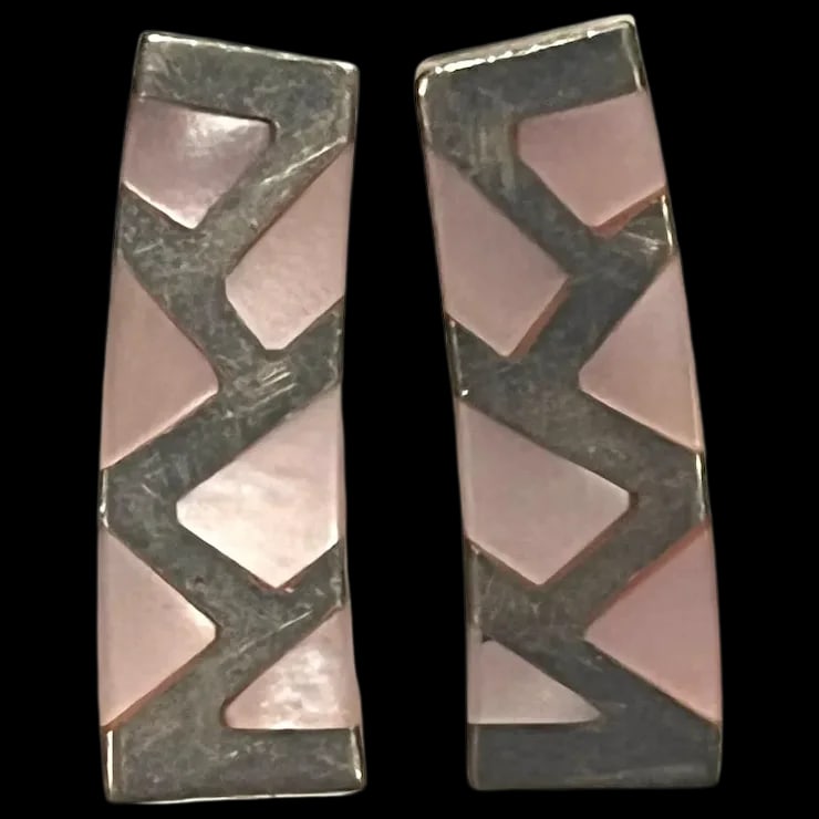 Vintage Sterling Silver and Pink Inlay Earrings (1 of 4)