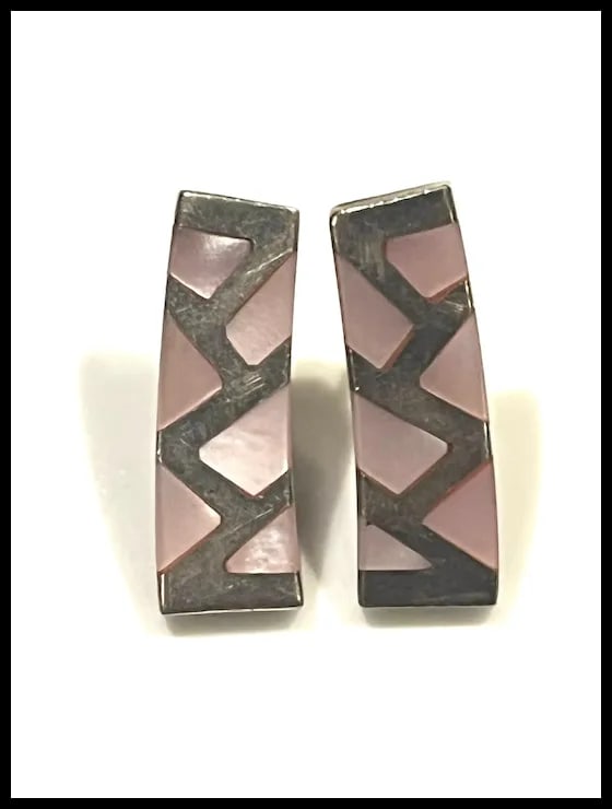 Vintage Sterling Silver and Pink Inlay Earrings - 2