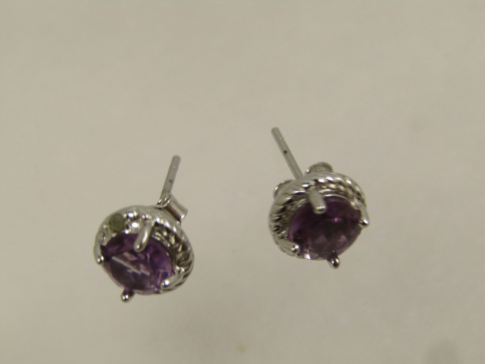 Sterling Amethyst Diamond Chip Earrings, Pierced, Signed, 1990's - 6