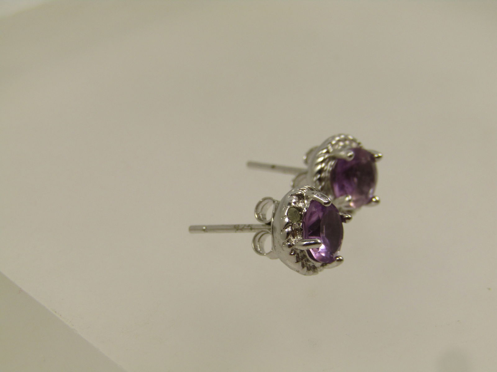 Sterling Amethyst Diamond Chip Earrings, Pierced, Signed, 1990's - 7