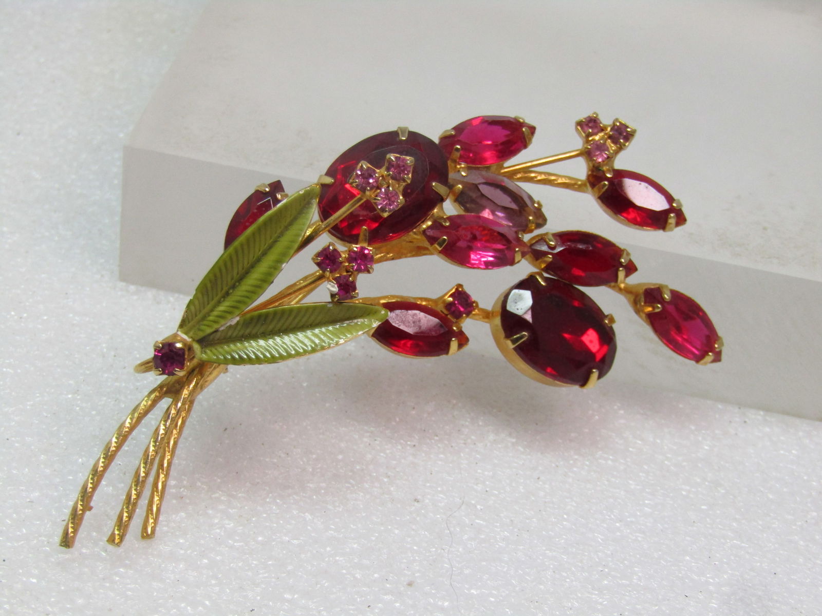 Vintage Red Rhinestone Floral Brooch, Enameled Leaves, 1960's Juliana D&E (1 of 7)