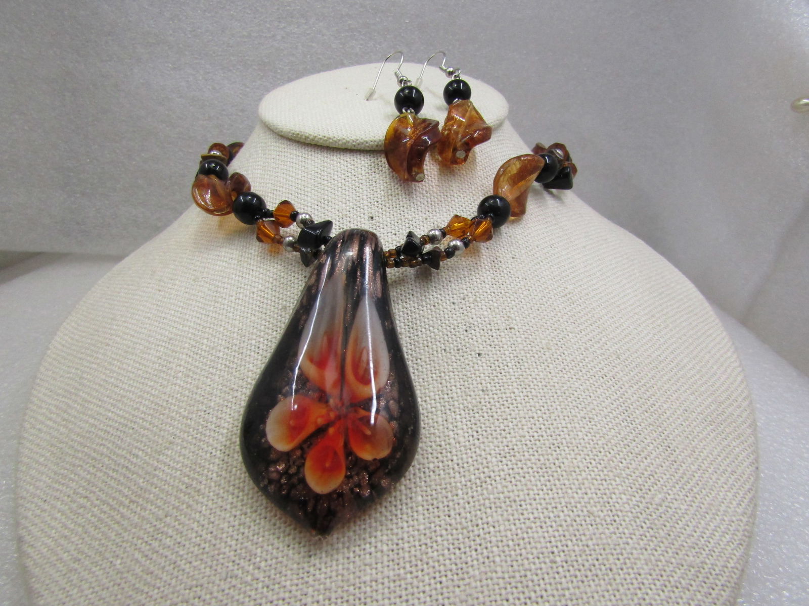 Black & Amber Blown Glass Necklace & Pierced Earrings Set, Floral Pendant, 21" (1 of 6)