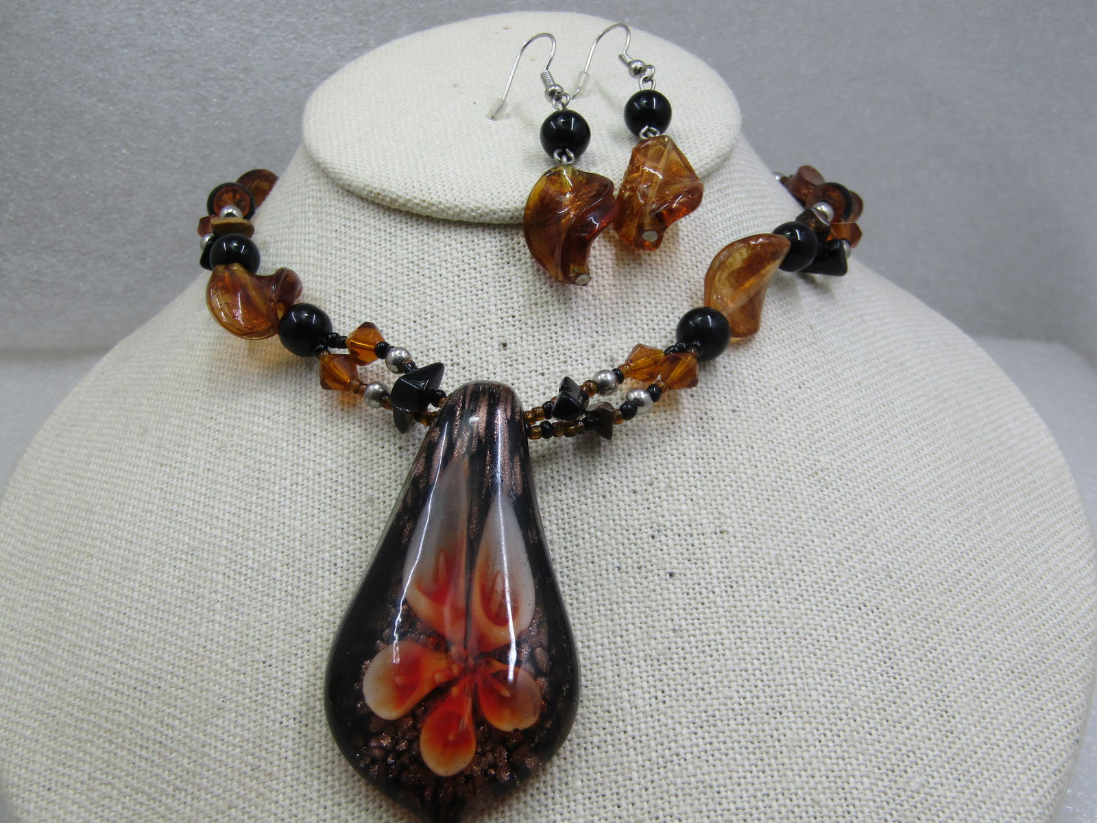 Black & Amber Blown Glass Necklace & Pierced Earrings Set, Floral Pendant, 21" - 2
