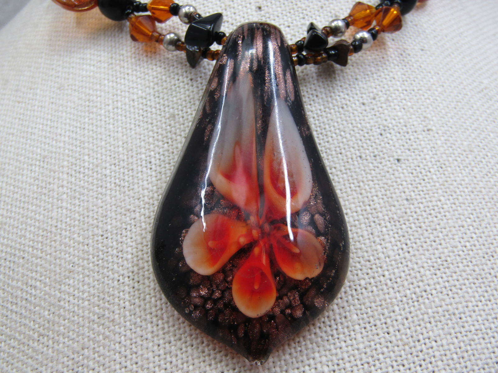 Black & Amber Blown Glass Necklace & Pierced Earrings Set, Floral Pendant, 21" - 3