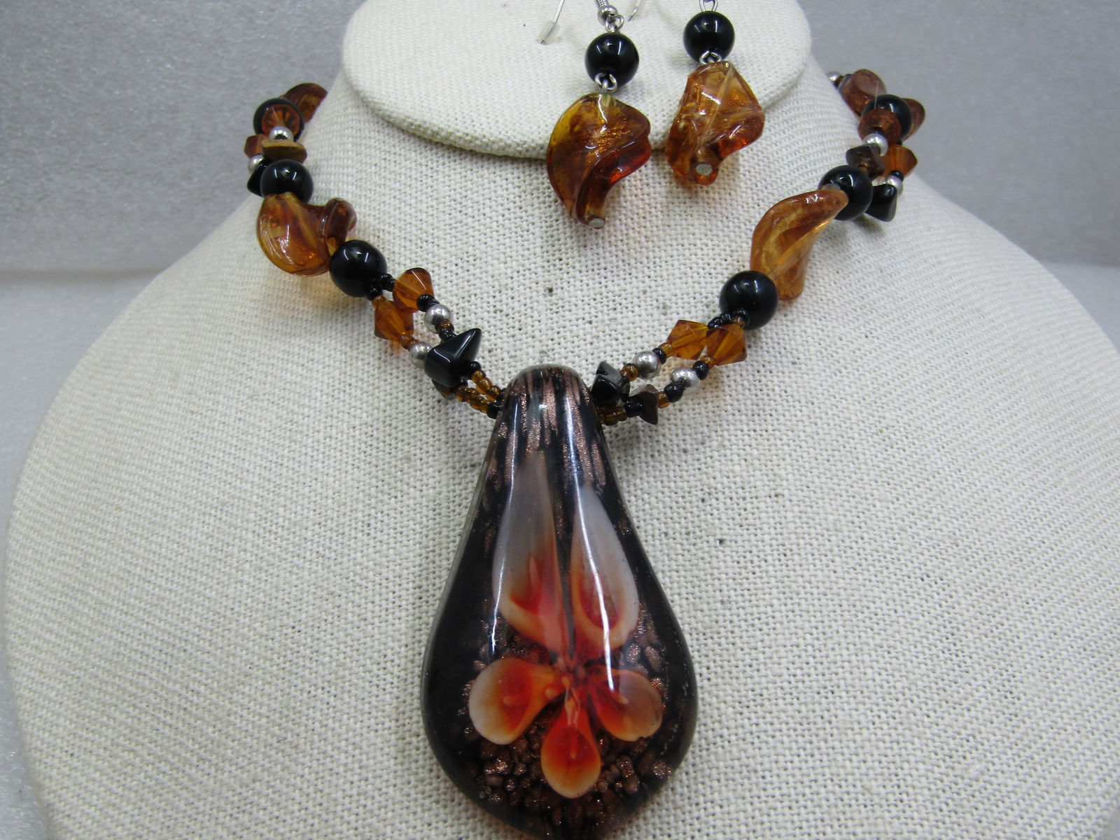 Black & Amber Blown Glass Necklace & Pierced Earrings Set, Floral Pendant, 21" - 5