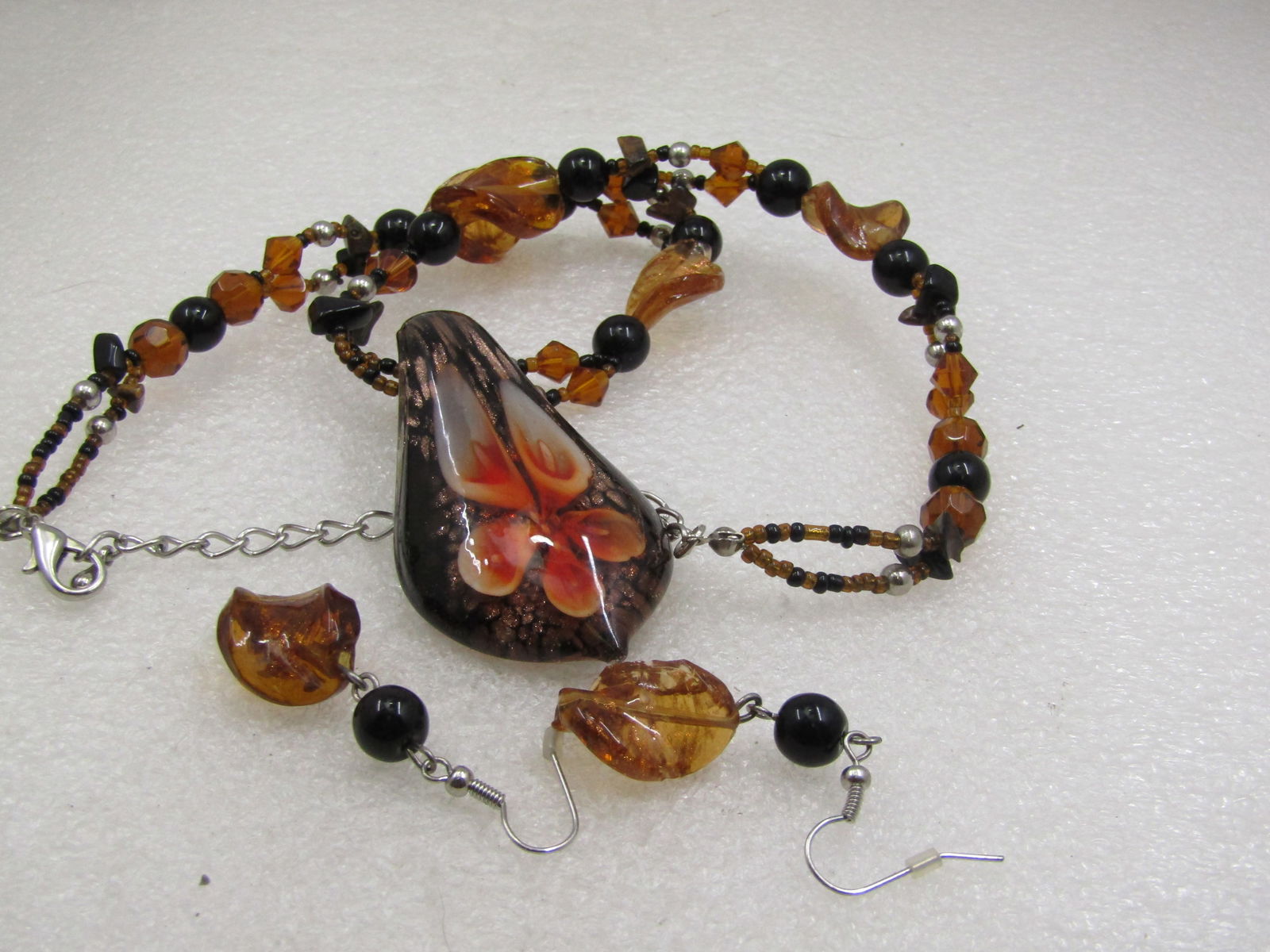 Black & Amber Blown Glass Necklace & Pierced Earrings Set, Floral Pendant, 21" - 6