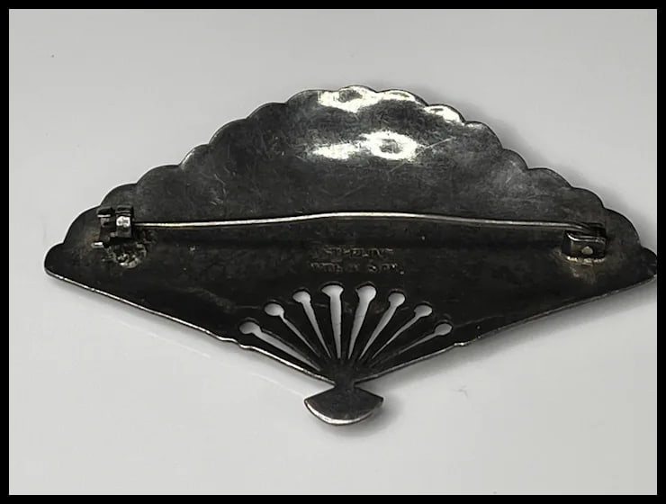 Vintage Siam Sterling Silver Blue / Green Enamel Fan Brooch / Pin - 3