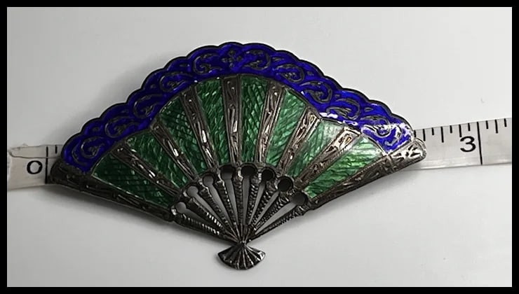 Vintage Siam Sterling Silver Blue / Green Enamel Fan Brooch / Pin - 5
