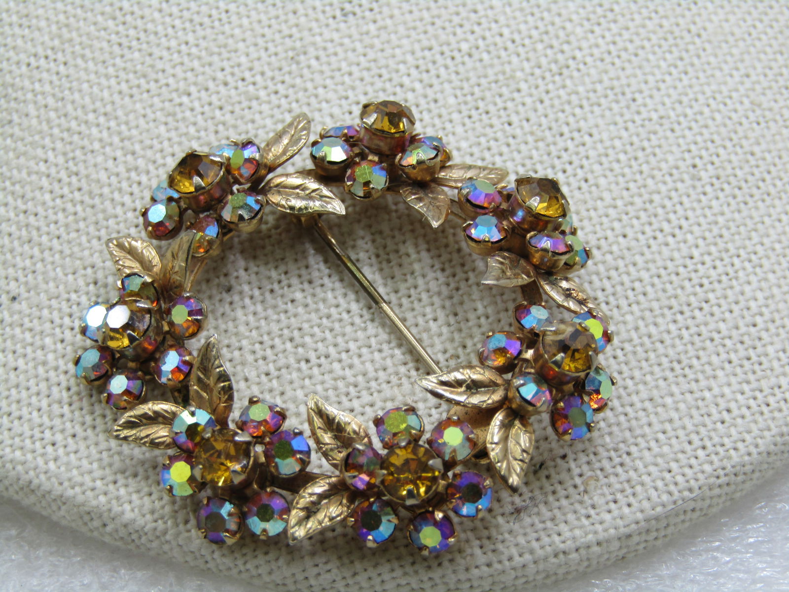 Vintage Rhinestone Wreath Brooch, Aurora Borealis Blossom, 1-5/8" - 2