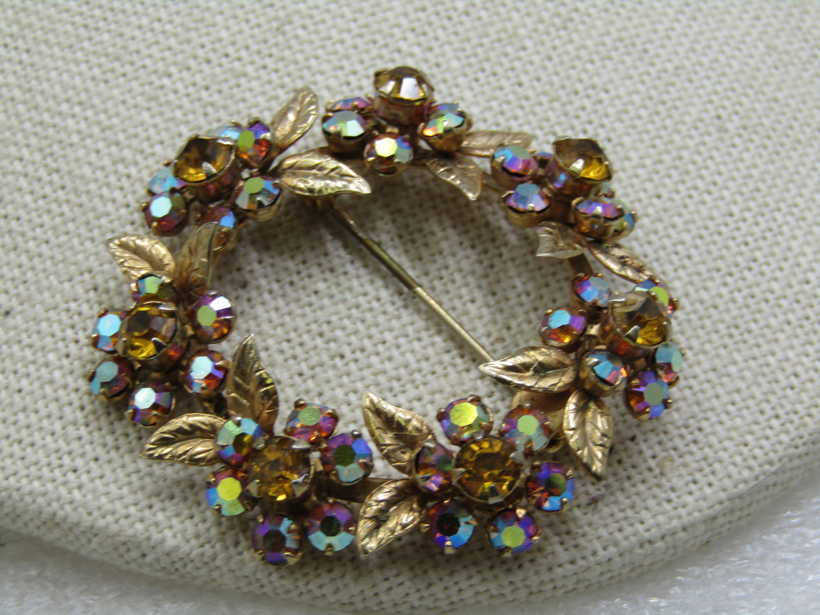 Vintage Rhinestone Wreath Brooch, Aurora Borealis Blossom, 1-5/8" - 3