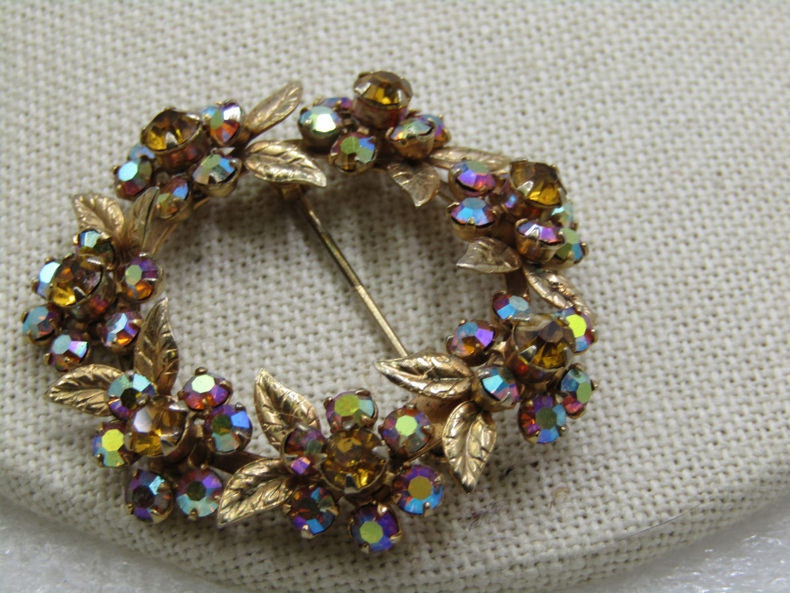 Vintage Rhinestone Wreath Brooch, Aurora Borealis Blossom, 1-5/8" - 4