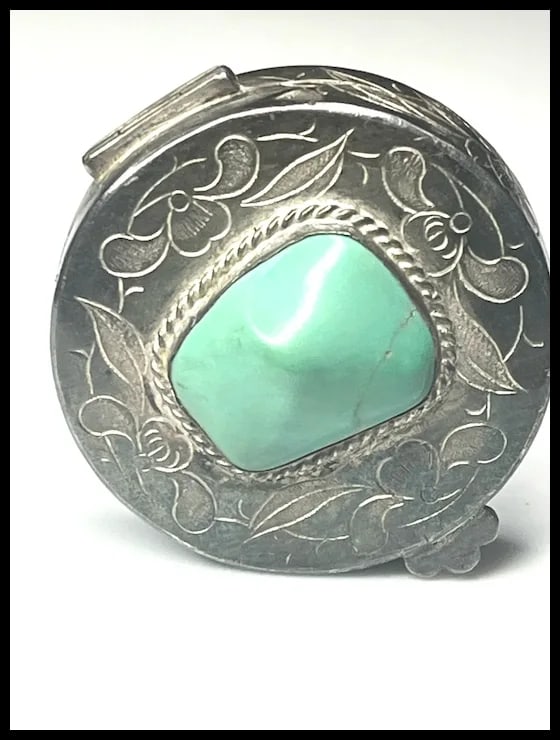 Vintage Sterling Silver and Turquoise Round Trinket/ Pill/ Keepsake Box - 2