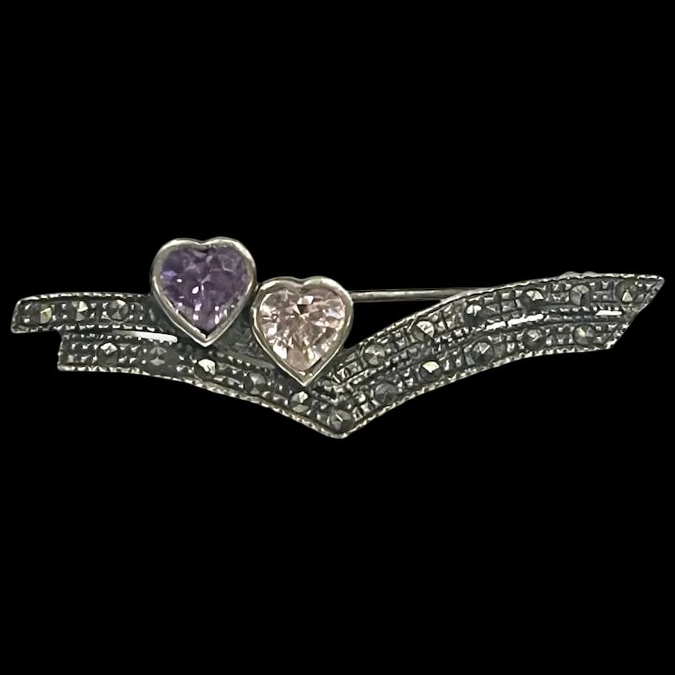 Vintage Sterling Silver Marcasite Brooch with Amethyst & Morganite Hearts (1 of 5)