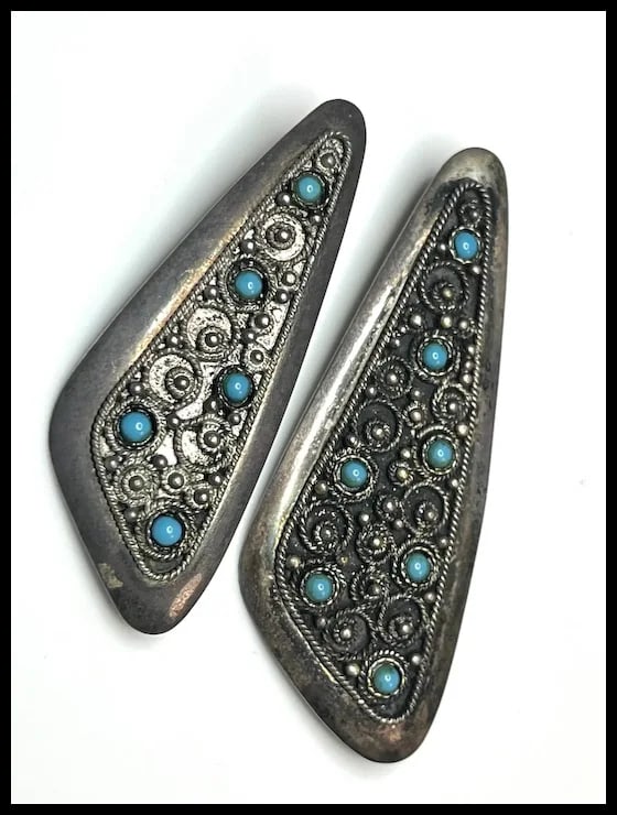 Two Vintage Sterling Silver and Turquoise Stone Jerusalem Israel Pendant/Brooches - 3