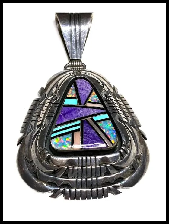 Vintage Signed Tom Lewis Navajo Abstract Mosaic Opal and Turquoise Inlay Pendant - 2