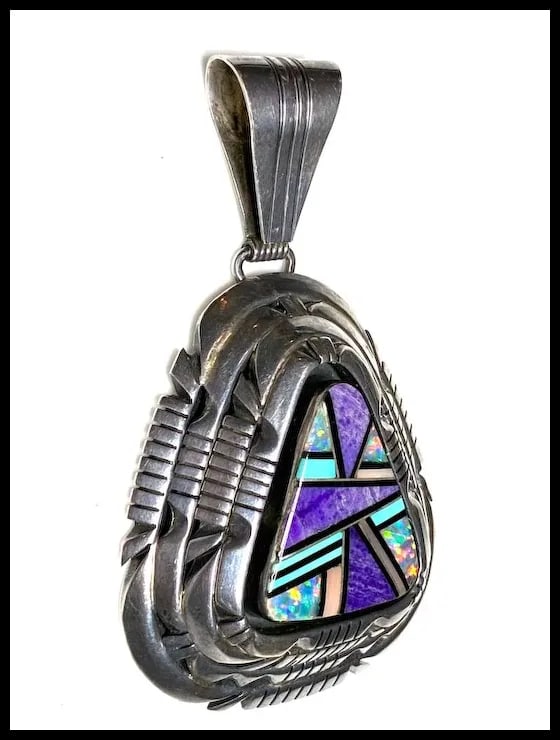 Vintage Signed Tom Lewis Navajo Abstract Mosaic Opal and Turquoise Inlay Pendant - 3