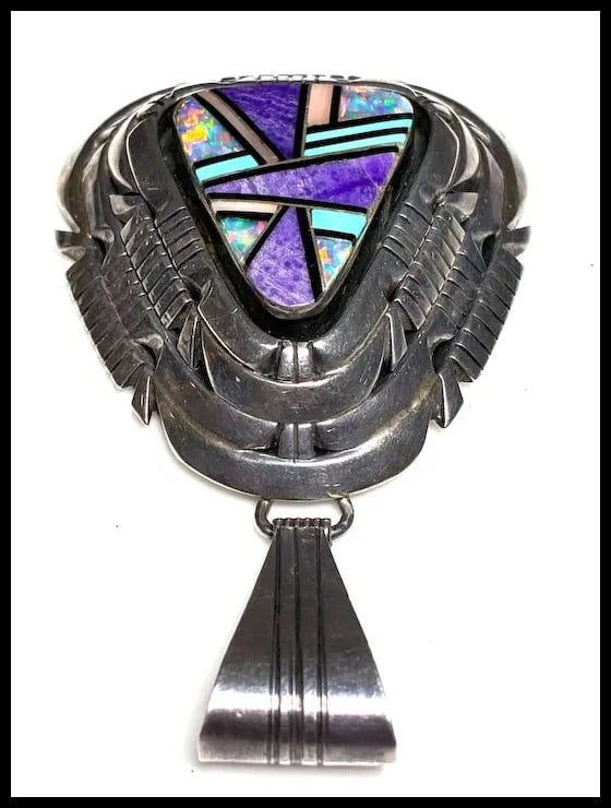 Vintage Signed Tom Lewis Navajo Abstract Mosaic Opal and Turquoise Inlay Pendant - 4